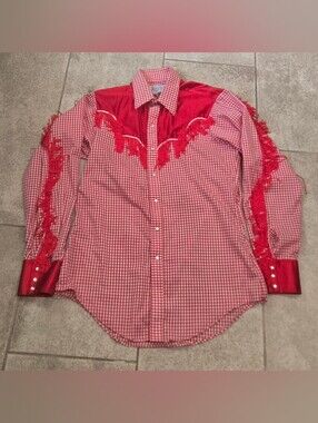 Vtg 70s Rockmount Tru West Fringe Western Shirt Red Gingham Pearl Snap Mens 15.5